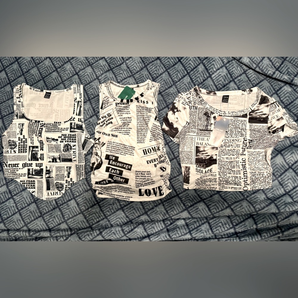 3 Newspaper Print Shirts, size XS, all new